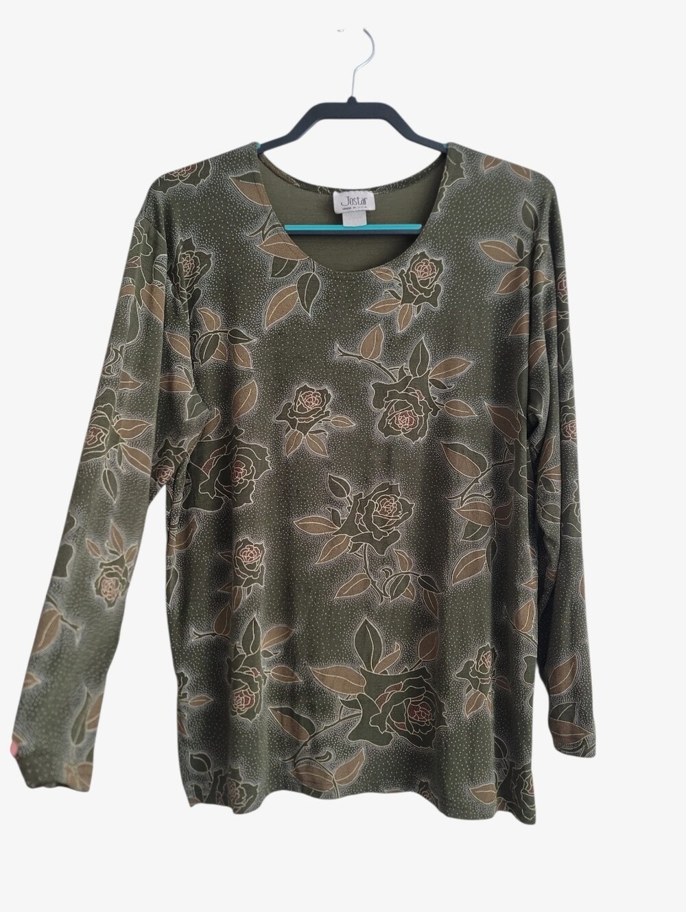 VTG‎ Jostar XL Floral Y2K Slinky Knit Long Sleeve Shirt Top Olive Green USA
